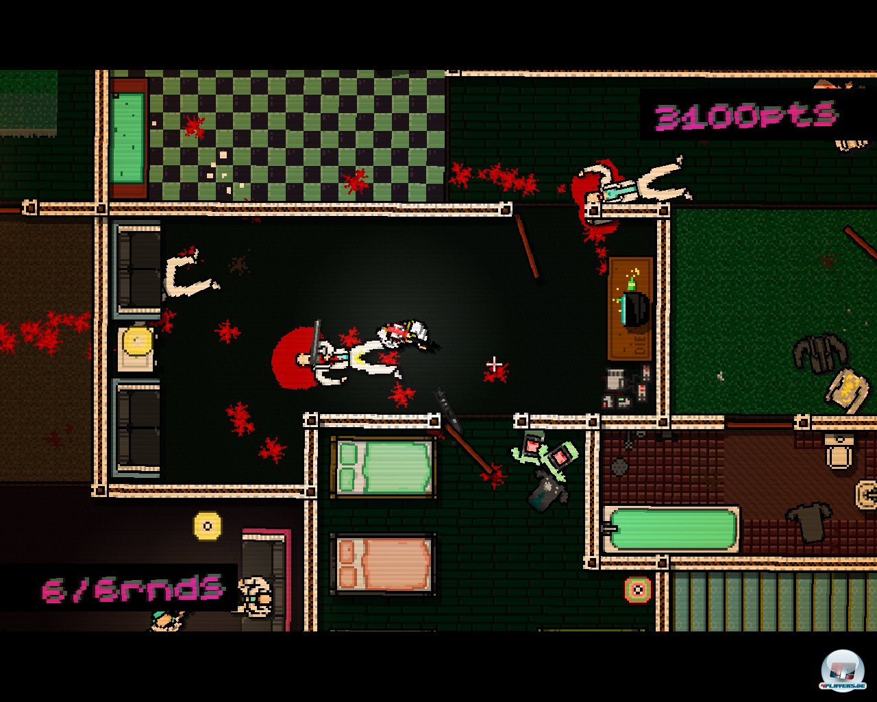 Simple Pixel-Präsentation, hartes Spielprinzip: Hotline Miami kennt nur eine Lösung für alle Probleme.