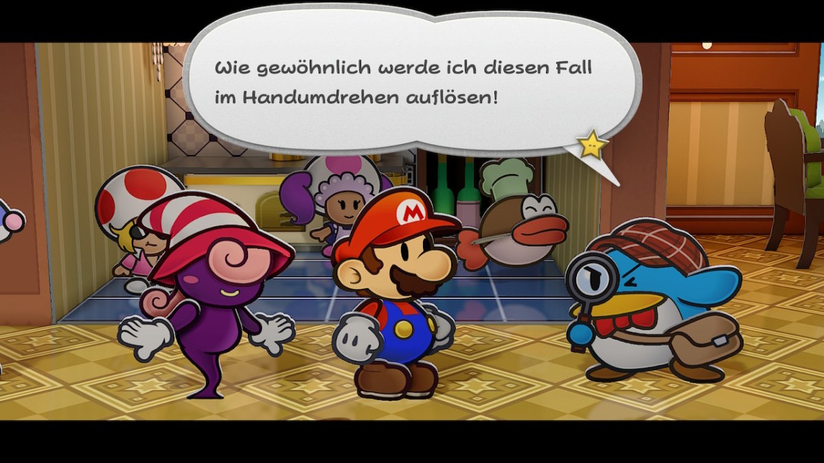 Barbara, Mario und der Pinguin-Detektiv aus Paper Mario: Die Legende vom Äonentor.