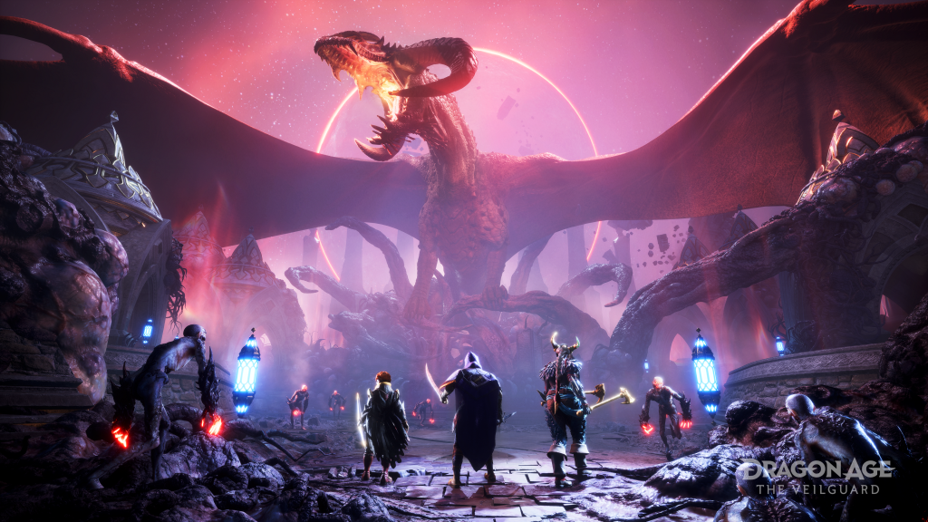 Bild zum Spiel Dragon Age: The Veilguard mit Kampftruppe und groÃŸem Drachen