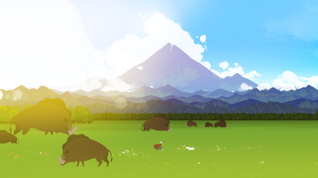 Screenshot aus dem Indie-Spiel Neva. Zu sehen ist die Protagonistin und ihr Begleiter, ein Wolfsjunge, wie sie über eine grüne Wiese rennen. Im Hintergrund ist ein Berg zu sehen, sowie mehrere riesige Wildschweine.