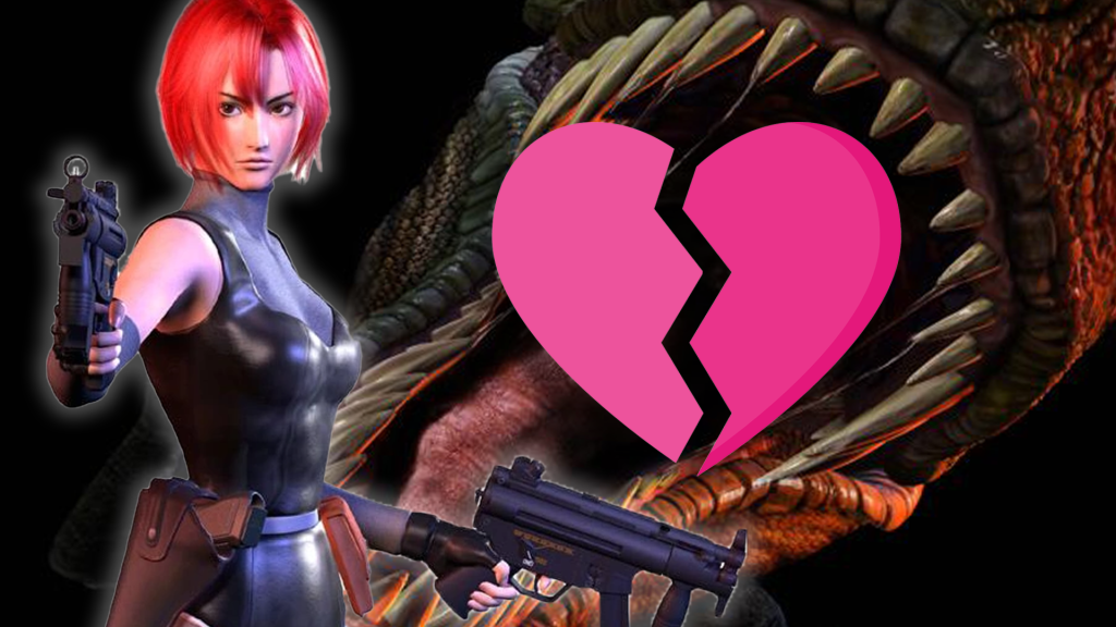 Im Bild: Die Videospielheldin Regina aus dem Survival Horror-Spiel Dino Crisis. Im Hintergrund nÃ¤hert sich das aufgeklappte Maul eines T-Rex - darÃ¼ber liegt ein zerbrochenes Herz.