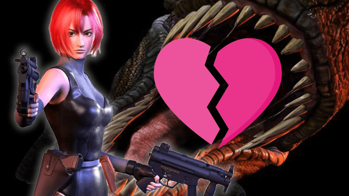 Im Bild: Die Videospielheldin Regina aus dem Survival Horror-Spiel Dino Crisis. Im Hintergrund nähert sich das aufgeklappte Maul eines T-Rex - darüber liegt ein zerbrochenes Herz.