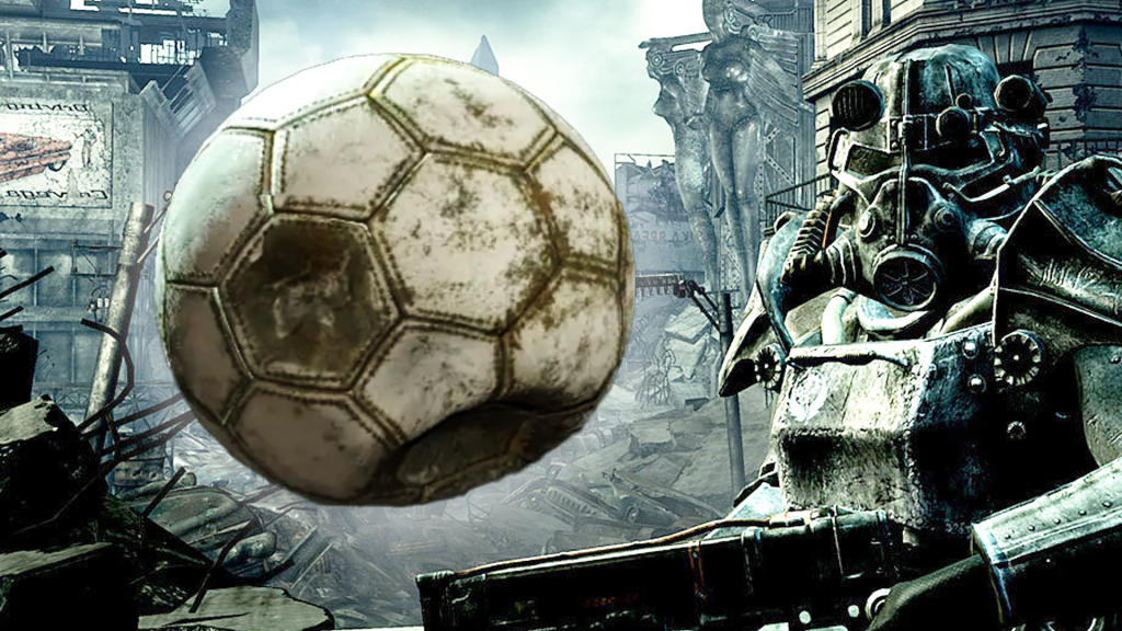 Ein FuÃŸball neben einem Mitglied der StÃ¤hlernen Bruderschaft aus den Fallout-Spielen, gekleidet im Power-Anzug.