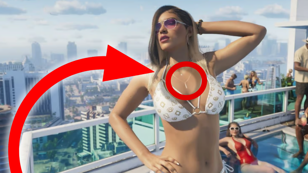 Ein roter Pfeil zeigt auf die dreiteilige Halskette der Bikini-Frau aus dem Trailer zu GTA 6.