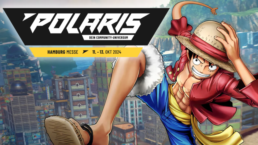 Rechts im Bild: einer der ikonischen Strohhut-TrÃ¤ger aus One Piece. Links im Bild: informativer Banner zur Polaris Convention.