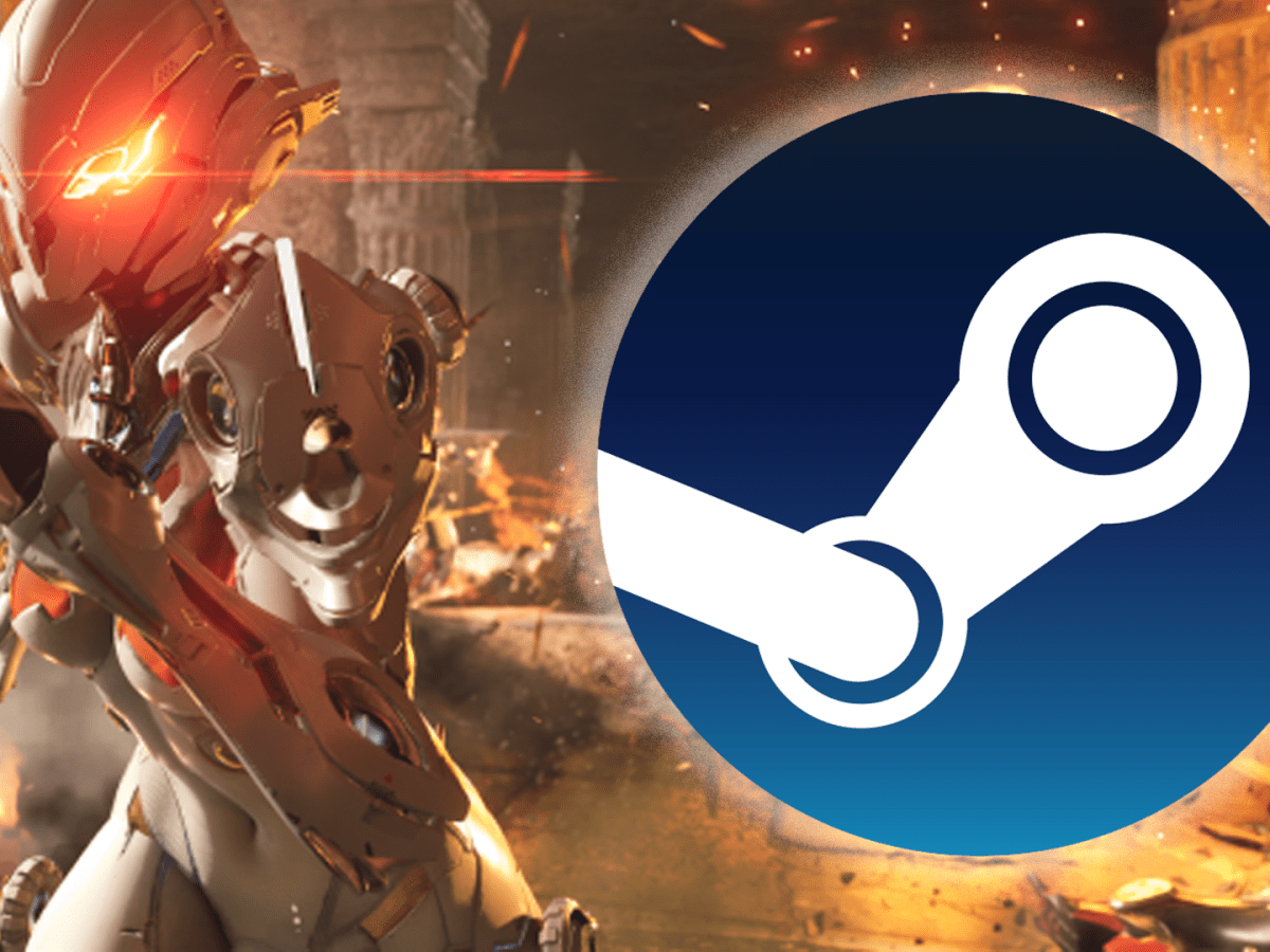 Wir sehen einen Charakter aus dem Loot-Shooter The First Descendant, der vor einem gigantischen Steam-Logo flüchtet.