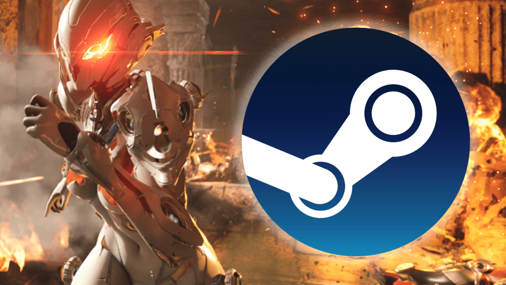 Wir sehen einen Charakter aus dem Loot-Shooter The First Descendant, der vor einem gigantischen Steam-Logo flÃ¼chtet.