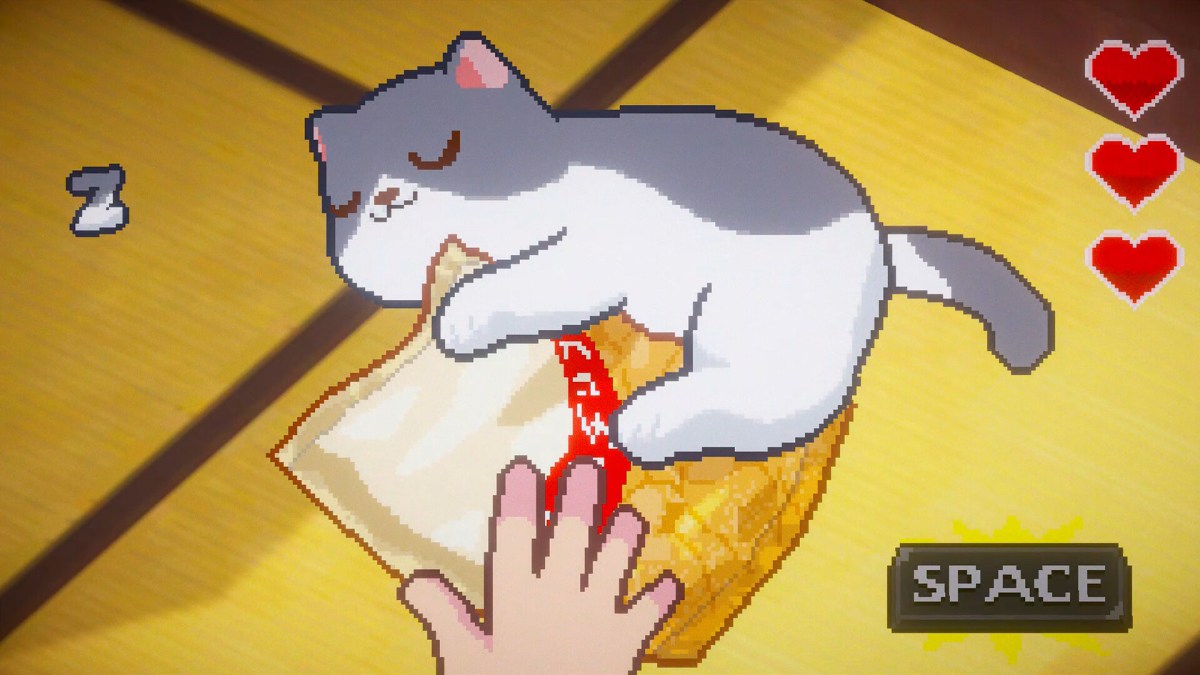 Screenshot aus dem Spiel Neko Odyssey mit einer Katze, die eine TÃ¼te kuschelt