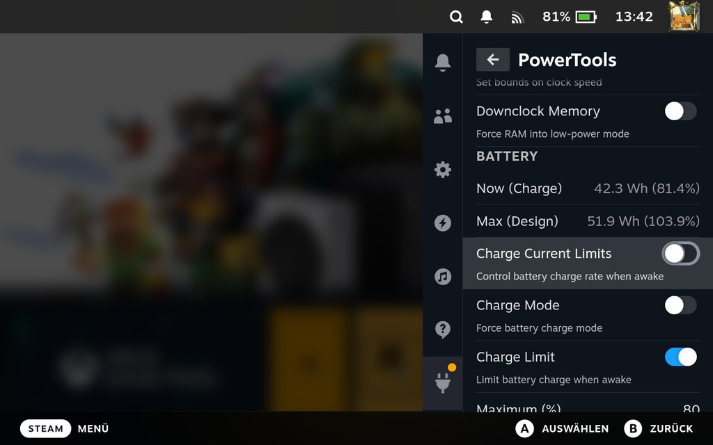 Screenshot vom Steam Deck. Zu sehen ist dieses Mal das Plugin Powertools.