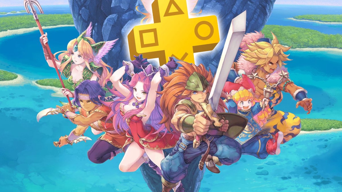 Screenshot von Trials of Mana, bei dem die Protagonist*innen des JRPGs zu sehen sind. Kombiniert mit dem Logo von PlayStation Plus.