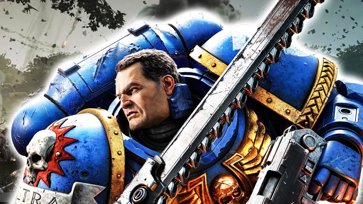 Bild aus dem Spiel Warhammer 40.000: Space Marine 2. Zu sehen ist im Vordergrund der Ultra Marine Titus.