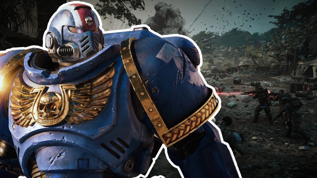 Screenshot aus dem Spiel Warhammer 40.000: Space Marine 2. Im Vordergrund ist ein titelgebender Space Marine zu sehen.