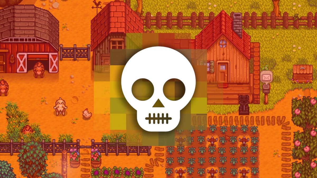 Die Farm aus Stardew Valley und ein Totenkopf.