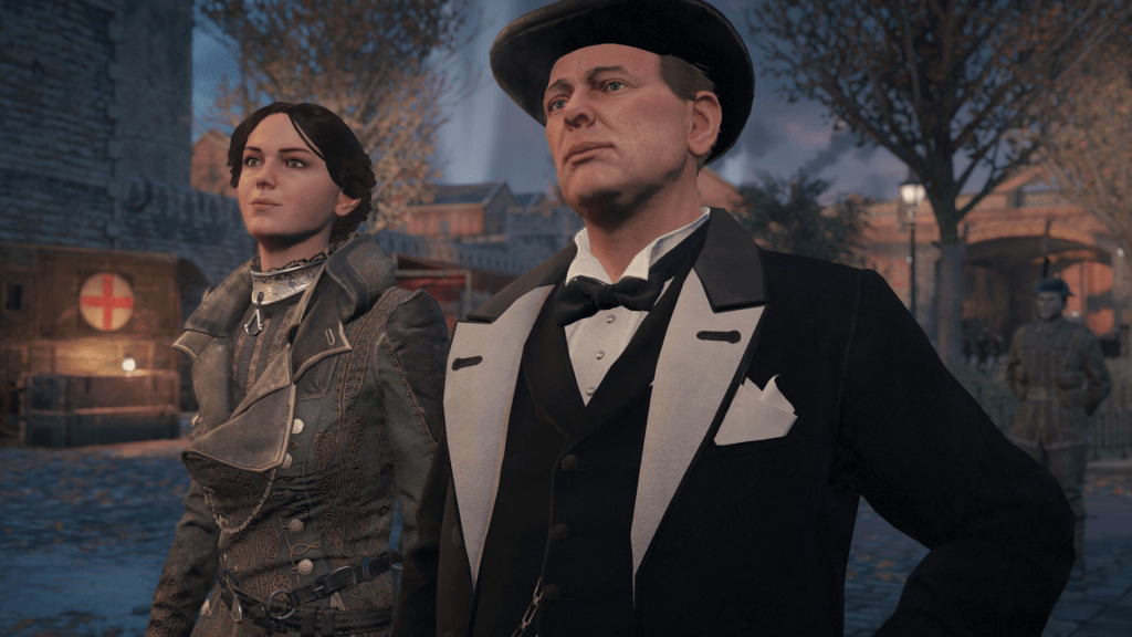 Ein Szenenbild aus dem Spiel Assassin's Creed Syndicate. Zu sehen ist Evie Frye an der Seite von Winston Churchill.