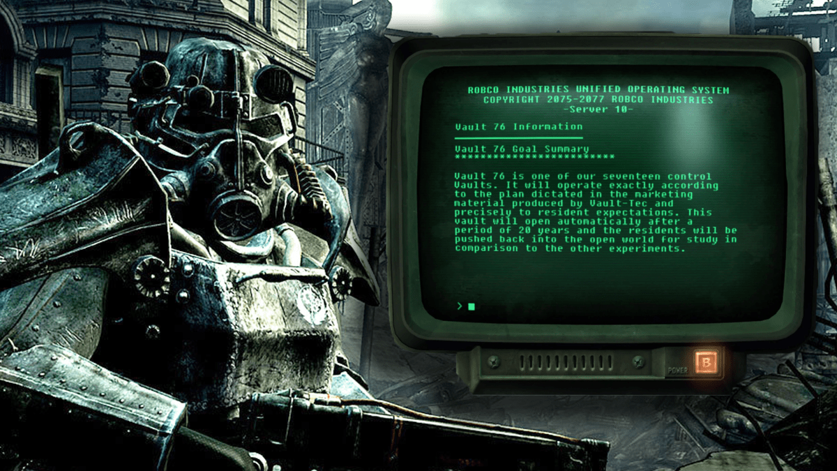 Im Bild: Ein Computer-Screen innerhalb des Videospiels Fallout 3, der Informationen zu Vault 76 zeigt.