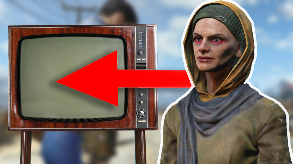 Der NPC Cricket aus dem Rollenspiel Fallout 4. Ein dicker, roter Pfeil zeigt von Cricket ausgehend auf ein altmodisches RÃ¶hren-TV-GerÃ¤t.