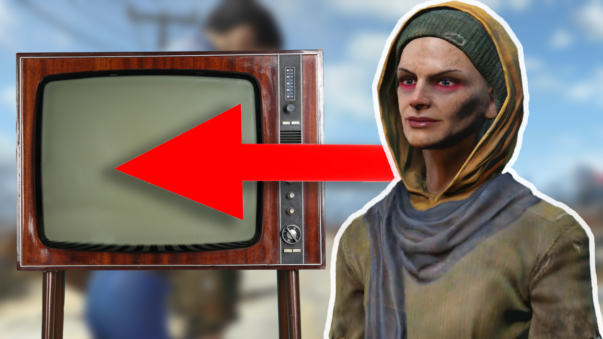 Der NPC Cricket aus dem Rollenspiel Fallout 4. Ein dicker, roter Pfeil zeigt von Cricket ausgehend auf ein altmodisches Röhren-TV-Gerät.