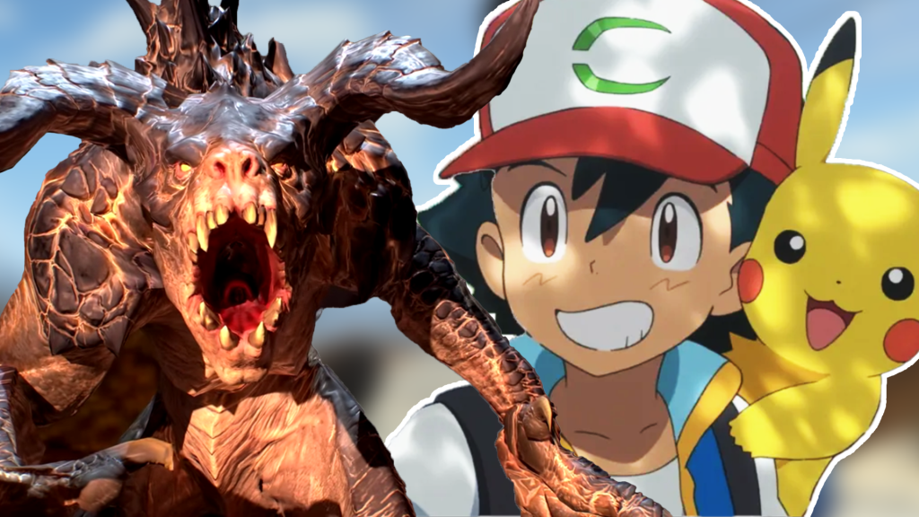 Im Bild: Der Held Ash Ketchum mit seinem PokÃ©mon Pikachu, daneben das Monster Todeskralle aus den Fallout-Spielen von Bethesda.