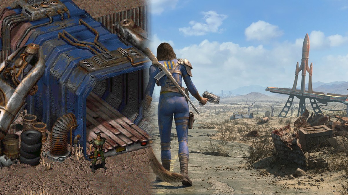 Screenshot von Fallout, welches in einen Screenshot von Fallout 4 übergeht.