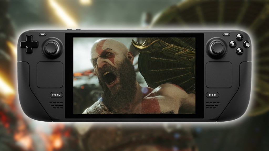 Screenshot zu God of War RagnarÃ¶k mit Kratos und ein Steam Deck