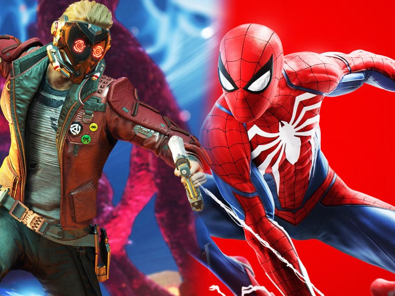 Screenshot-Collage aus den Spielen Marvel's Guardians of the Galaxy und Marvel's Spider-Man. Links ist Starlord und rechts Spider-Man zu sehen.