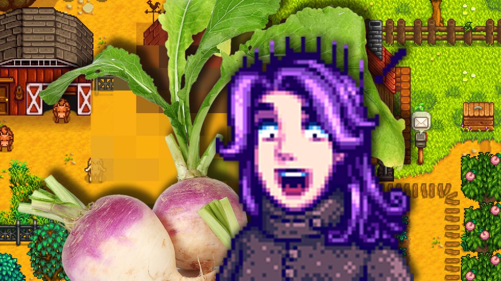 Abigail aus Stardew Valley neben einem Bild realer RÃ¼ben