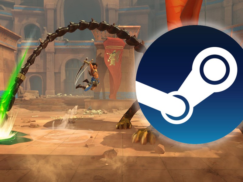 Screenshot aus Prince of Persia: The Lost Crown. Der Prinz springt, um einen Feind, eine Chimäre, anzugreifen. Das Steam Logo ist stattdessen sichtbar.