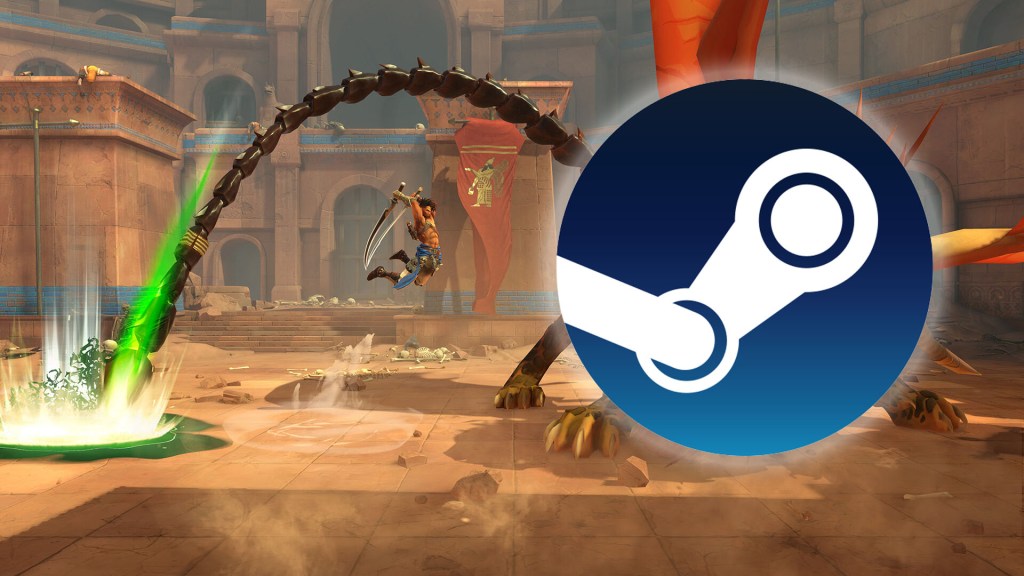 Screenshot aus Prince of Persia: The Lost Crown. Der Prinz springt, um einen Feind, eine ChimÃ¤re, anzugreifen. Das Steam Logo ist stattdessen sichtbar.